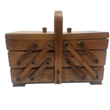 Wooden Cantilever Style Small Sewing Box With Many Contents 12"x5" 