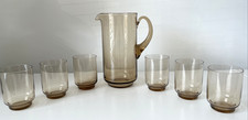 Vintage Smoked Glass Jug & 6