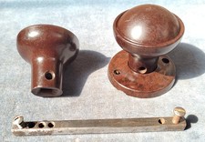 Pair of Reclaimed Round Brown Bakelite Door Knobs, back plate & spindle- multi