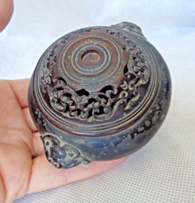 18TH / 19TH CENTURY CHINESE QING SMALL BRONZE CENSER WOODEN LID MASK HANDLES