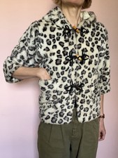 Vintage Duffle Coat Jacket Hooded White Leopard Fake Fur Small UK8 UK10
