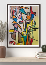 Picasso-style, hand-painted abstract cubist acrylic painting on 16"x12' canvas