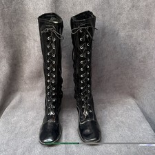 Vtg 60s Gogo Boots GRANNY Lace Knee High Black Japan Vinyl 7