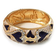 Light Cream & Purple Enamel Crystal Heart Hinged Bangle Bracelet (Gold Tone)