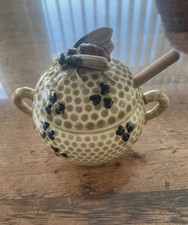 Vintage Ceramic Twin Handled Honey / Preserve Pot with Large Bee on Lid, Dipper