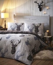 Stag duvet sets tartan check reverse quilt cover grey blue rustic style bedding