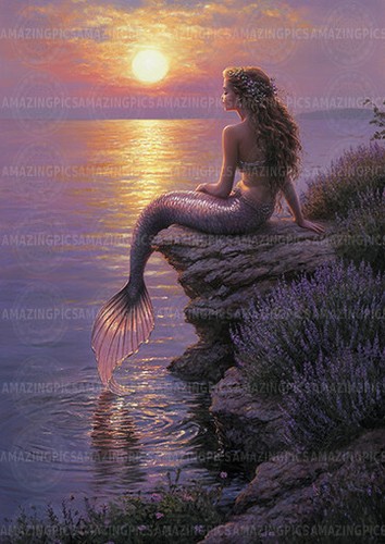 Romantic mermaid sunset - romantic, art