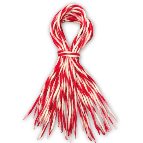 Red and white twirl - and, dreadlocks