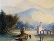 Original Watercolour, 'Stone Mill, Figures and Distant Mountains', Mid 19th Cent