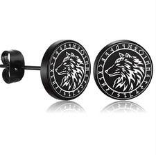 Stainless steel black retro wolf and Nordic runes viking earrings gift christmas
