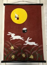 Japanese Hanging Scroll Wall Decoration - Moon Rabbits and Autumn Grass Design