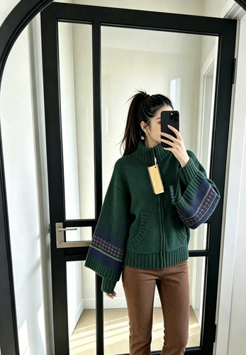 Green wool blend zip - green, cardigan