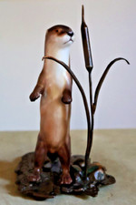 Albany Worcester Bronze & Porcelain Otter ~ Bullrush Setting ~ Stamped To Base.