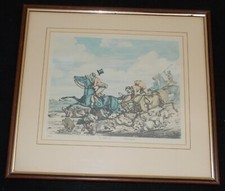 FRAMED HORSE RIDING PRINT TITLED " IN FULL CRY  HARD WORK " IN GOOD CONDITION