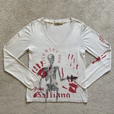John Galliano Beige Live & Let Die Skeleton Print V-Neck Sweater Size XL Jumper