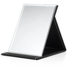 Portable Folding Large Makeup Mirror Black PU Leather Travel Mirror with Stand