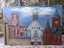 Vintage mid century Oil On Canvas Painting Brutalist Metropolitan Cathedral art