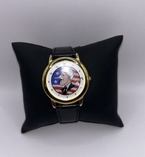 Bill Clinton Backwards Running Wrist Watch Gold Bezel Black Leather Band