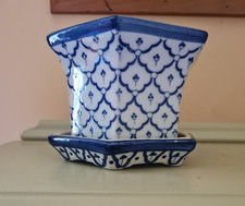 Blue and White Hexagonal Ceramic Plant Pot Planter w Drainage Hole and tray