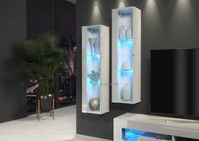 1x Glass Display Cabinet Wall Mounted White Gloss Front LED Lights