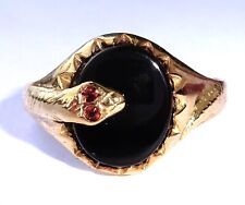 Mens 9ct Gold Onyx & Garnet Snake Ring, Size X