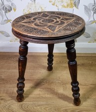 Antique Oak 3 Legged Milking Stool Ornate Hand Carved Top Turned Wood Rustic