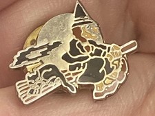 Halloween Witch & Black Cat Flying on Broomstick Enamelled Metal Lapel Pin Badge