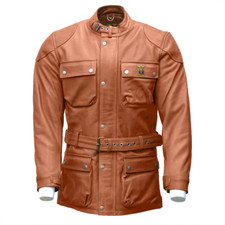 Mens Goldtop Waxed Tan 4 Pocket Police Style Patrol Leather Motorcycle Jacket CE
