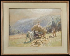 ERNEST BUCKNALL (1861-1935) SIGNED ENGLISH WATERCOLOUR - HARVEST FIELDS DEVON 