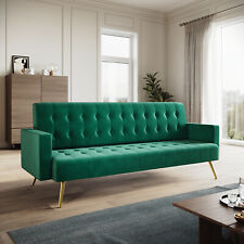 Luxury Velvet Green Sofa Bed 3 Seater Nonwoven New Foam Contrast Gold Metal Legs