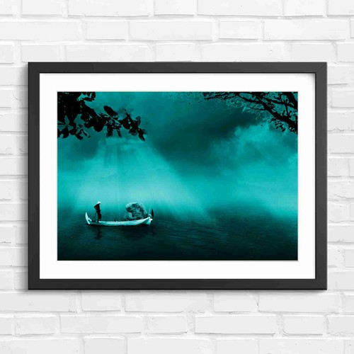 Foggy lake boat with fisher - foggy,