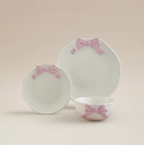 Pink white bow dinner set - white,