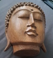vintage Wooden Buddha Head hand carved about lovely well carved  7 inch tall 