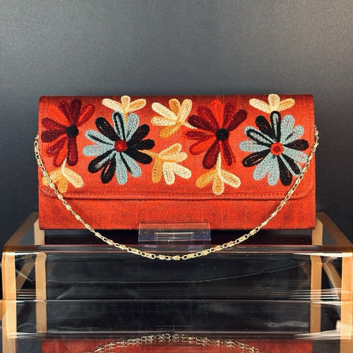 Red embroidered floral clutch - floral,