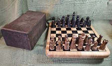 Vintage Rustic/Primitive Style Wooden Chess Set & Board