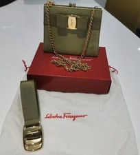 Vintage Salvatore Ferragamo Lizard Skin Bag And Belt Green Gold Clutch Boxed