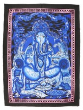 Indian Hindu God Lord Ganesh Batik Effect Wall Hanging Bright Blue 82 x 112 cm