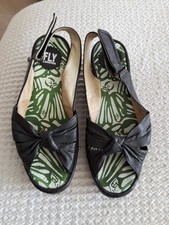 Fly London Yakin Black Leather Platform Wedge Sling back sandals EU 39 