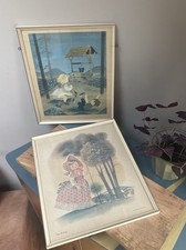 2 Vintage Penn Prints 1950s Folk Art Nursery Kitsch Pair Framed Nursery Rhymes