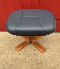 Dark Blue Leather Foot Stool - Wooden Base - VGC