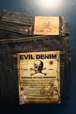 Vtg EVIL DENIM 666 1930's indigo Salvage jeans W 36 L 28 button fly Revival new