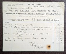 1920 James Priscott & Son Plumbing Mill Street Bideford Invoice
