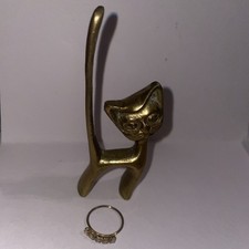 Mid 20th Century Walter Bosse Style Brass Cat Ring Holder W/ Costume Ring 9.5cm
