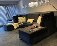 U-Shape | Bishop Corner Sofa | High Back | Black Plush | Brand New 