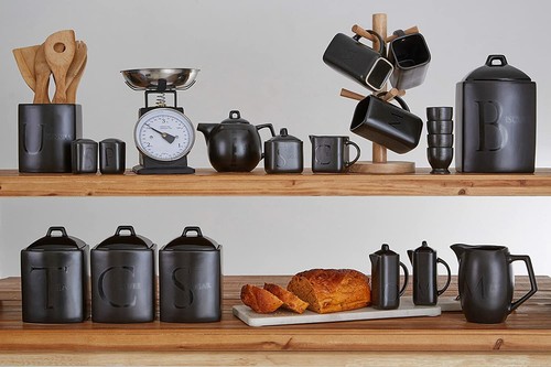 Black ceramic text jars tea - ceramic,
