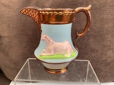 UNUSUAL ANTIQUE COPPER SUNDERLAND LUSTRE JUG COW AND HORSE SCENES DAMAGED