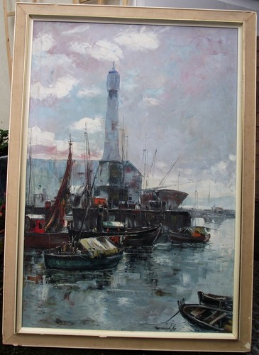 Interesting harbour scene oil - interesting,
