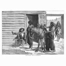 NATIVE AMERICAN INDIANS at a Hide Traders Hut - Antique Print 1876