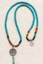 Turquoise Bullet & Tree & Lotus Stone Pendant Necklace Buddhist Prayer Beads