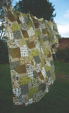 Pair of vintage 1970s green & brown patchwork pattern curtains in good condition